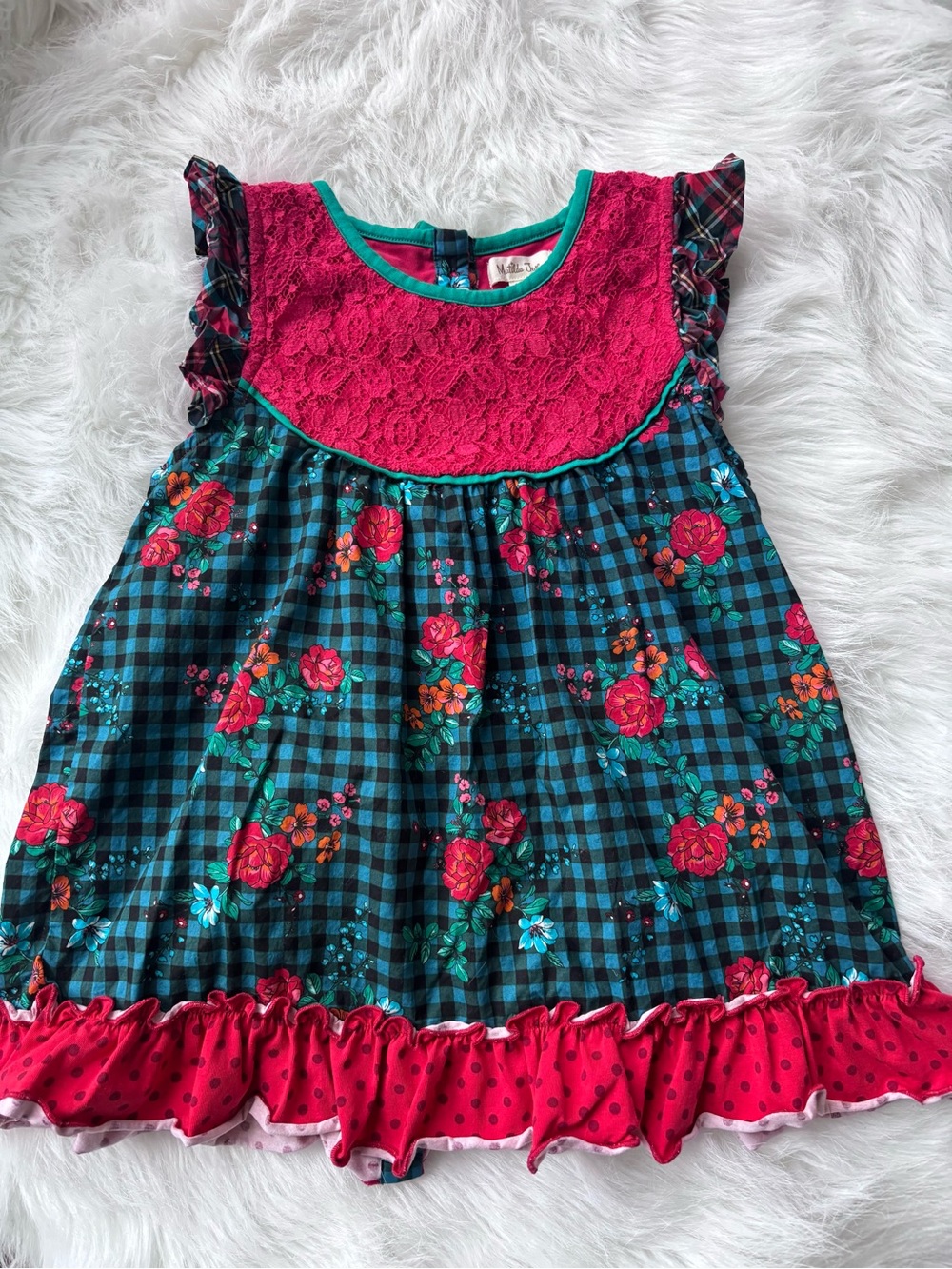 Matilda Jane Teal Plaid Floral Dress with lace yoke sz 8 adorable!!